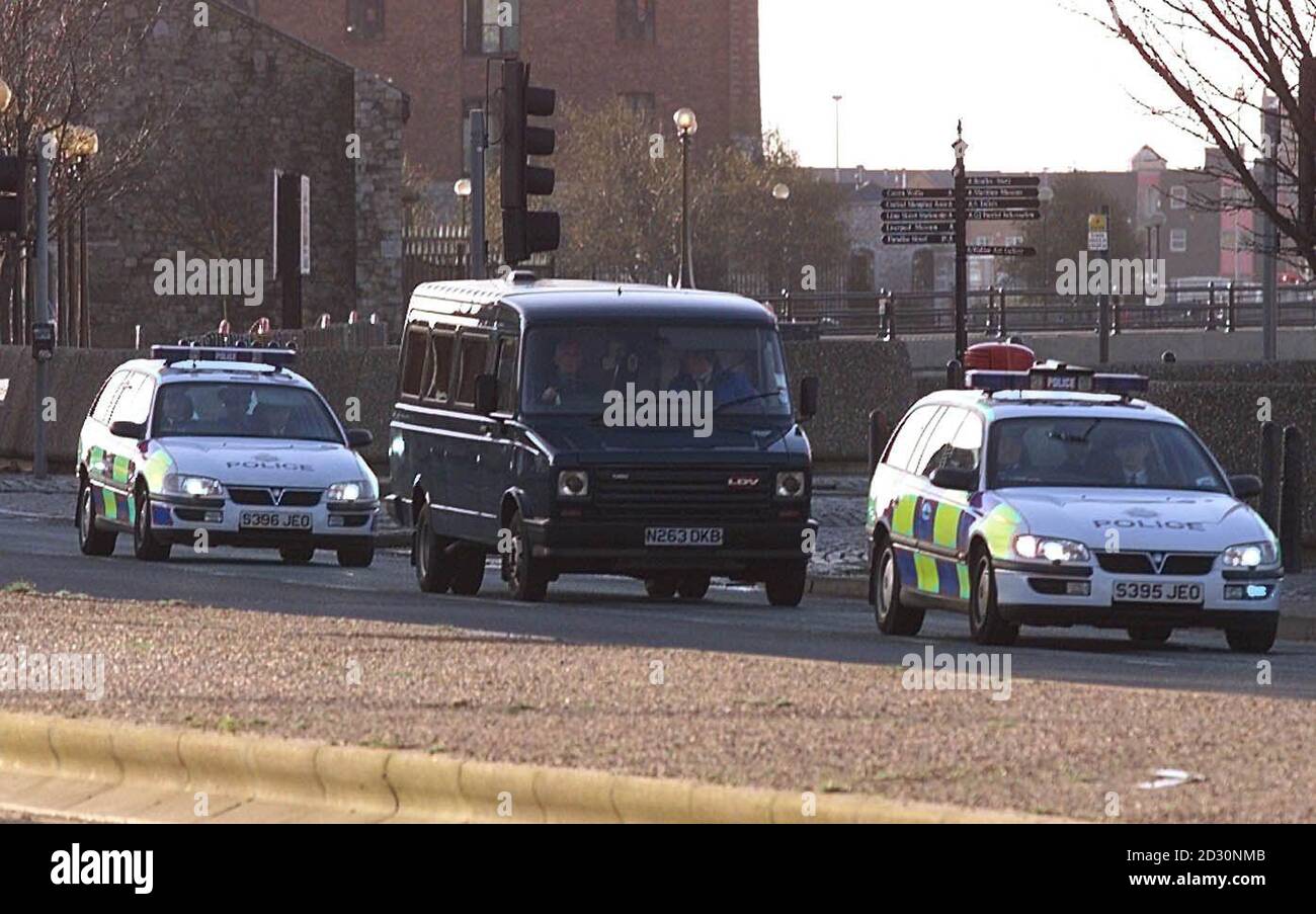 A police convoy escorts a van carrying Moors Murderer Ian Brady to Liverpool Crown Court for his first court appearance in more than 30 years. The child-killer is demanding the right to die and will be giving evidence at a four-day judicial review.  * ...in chambers at Liverpool Crown Court in front of Mr Justice Kay.  It will be Brady's first appearance in court since May 1966, when he was convicted along with his lover Myra Hindley of murdering 10-year-old Lesley Ann Downey and 17-year-old Edward Evans. Stock Photo