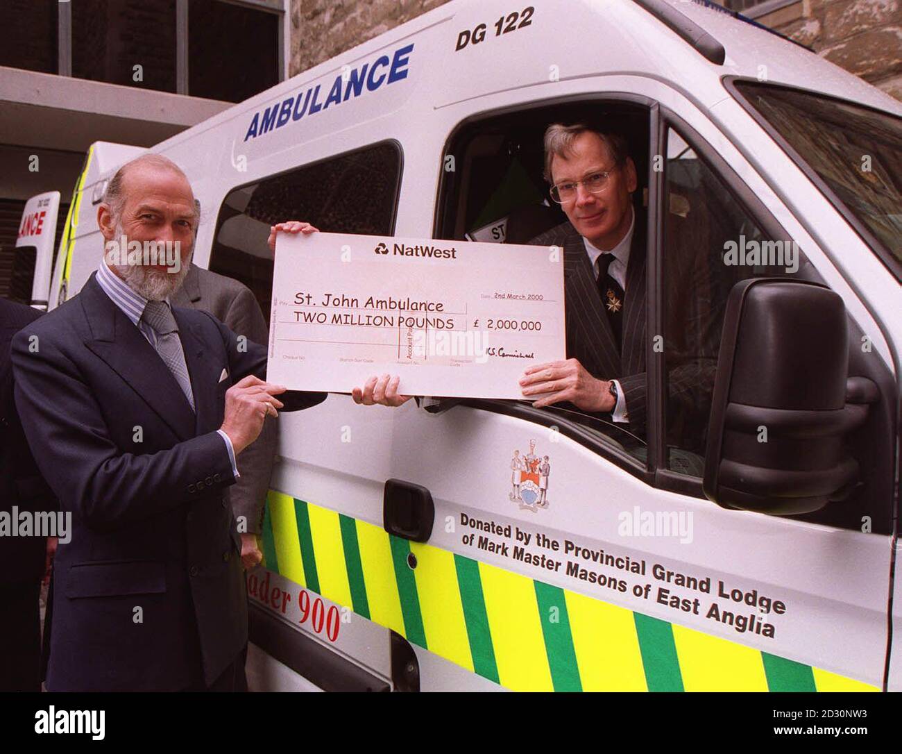 Prince Michael of Kent  (L), Patron of the Grand Lodge of Masons  presented St. John Ambulance with a cheque for  2 million received on behalf of the voluntary service by The Duke of Gloucester,  Grand Prior of the Order of St.John at St. John's Gate in London. Stock Photo