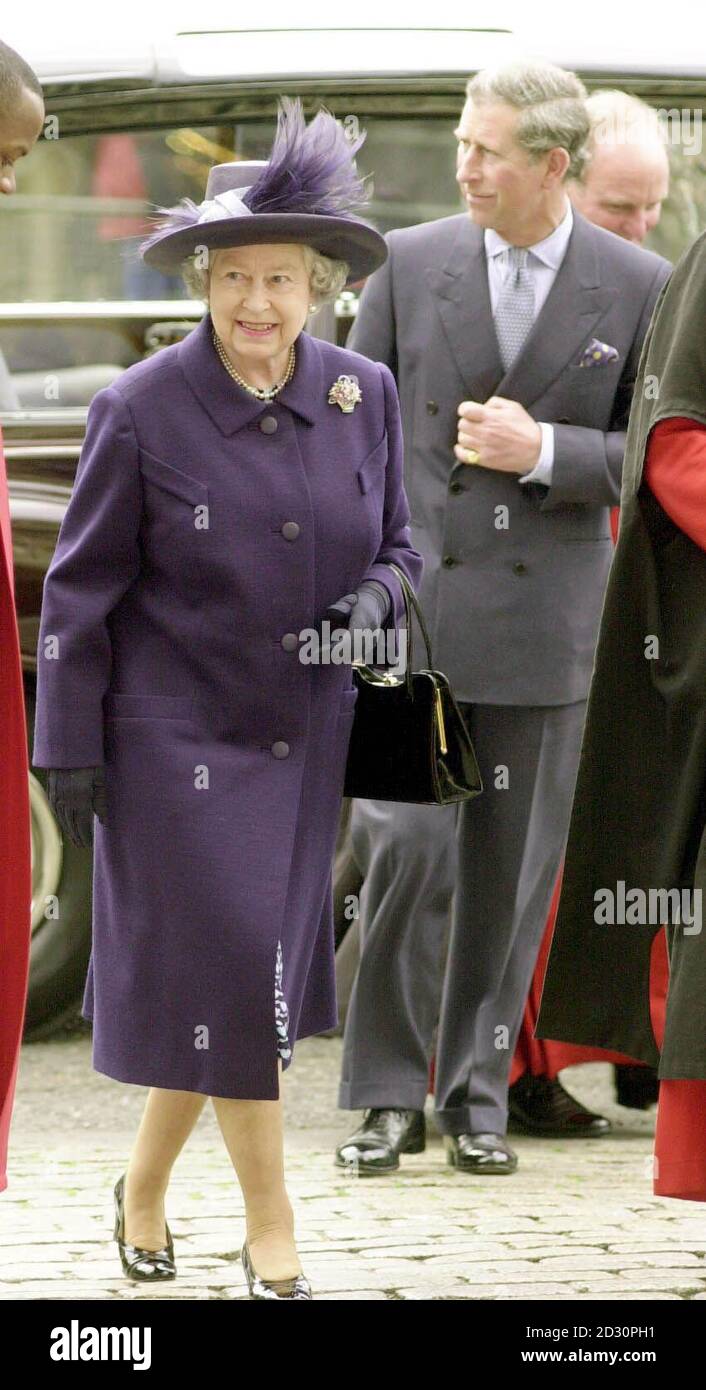 Queen Elizabeth II and the Prince of Wales arrive at Westminster Abbey for an Observance of Commonwealth Day Service. Stock Photo