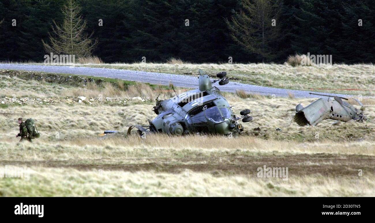 The scene of the helicopter crash in Catterick, North Yorkshire, where nine  people were injured during a routine training exercise. Fourteen people  were on board the RAF Puma helicopter at the time