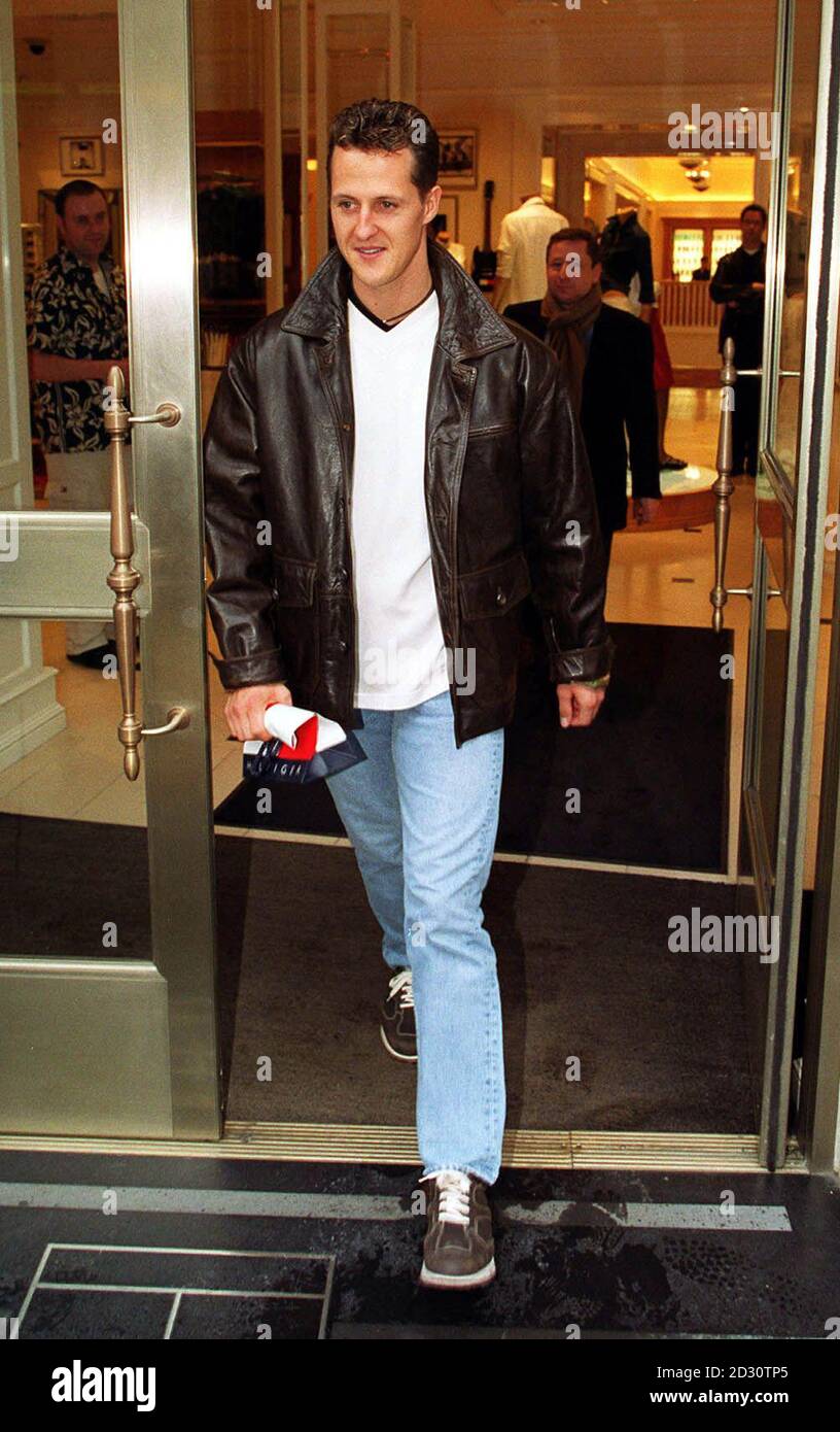 Formula One Grand Prix driver Michael Schumacher, walking out of designer  store Tommy Hilfiger in New Bond Street, London where he allegedly bought a  pair of 4000 blue leather trousers emblazoned with