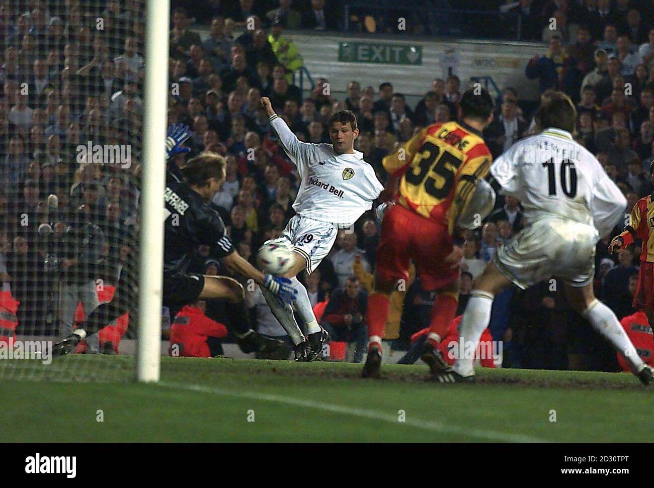 This picture can only be used within the context of an editorial feature. Eric Bakke of Leeds has a shot saved by Galatasaray Goalkeeper Claudio Taffarel  during their UEFA Cup semi-final second-leg football match tie at Elland Road, Leeds. Stock Photo