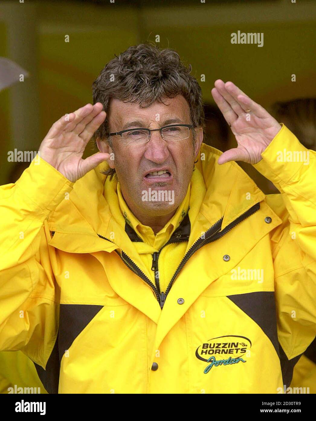 Team boss Eddie Jordan in the Silverstone pits on the first day of
