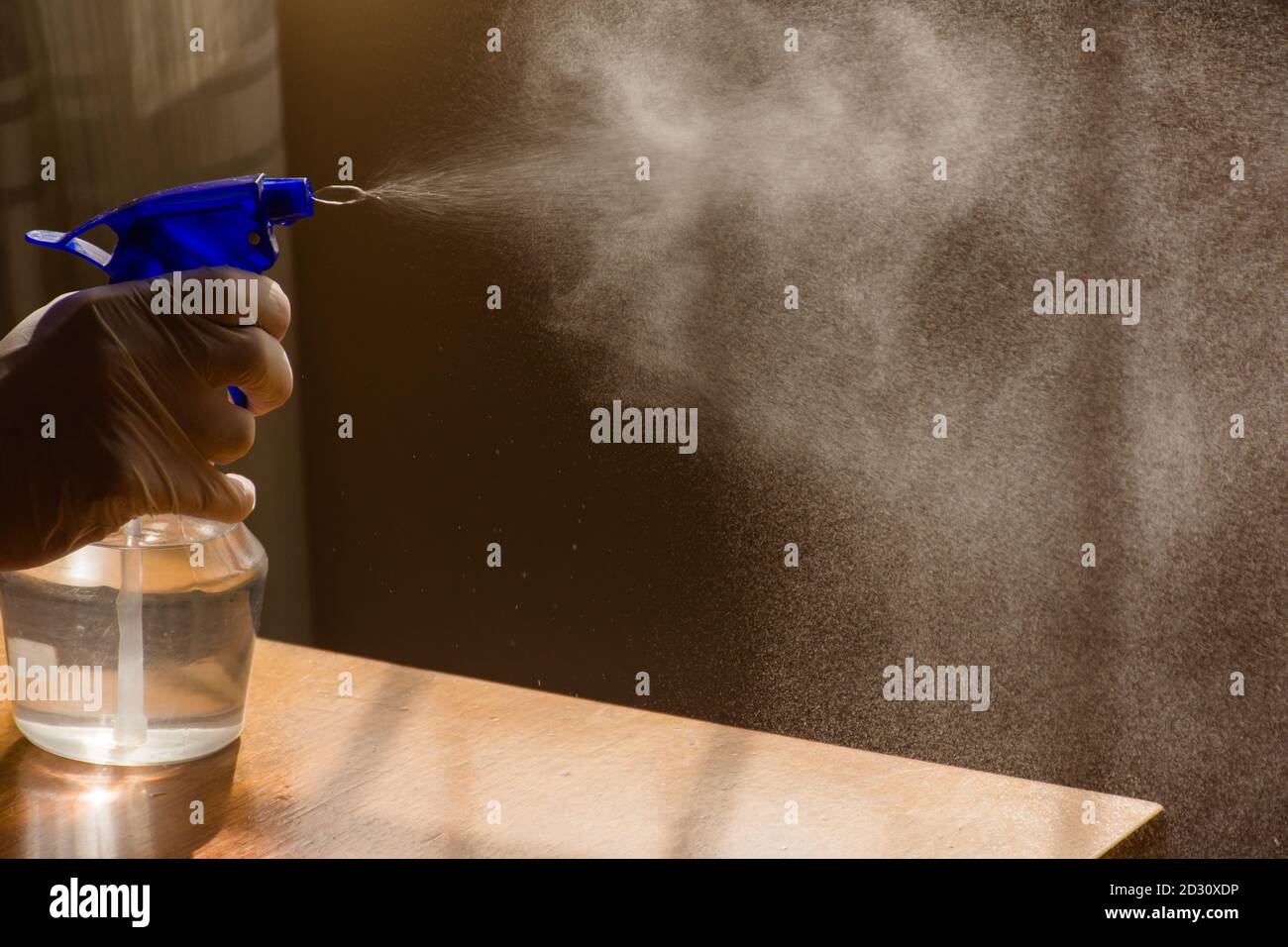 Gloved hands disinfecting with dilute ethyl alcohol spray Stock Photo
