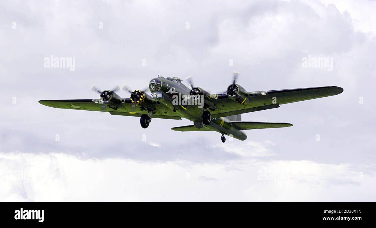 'Sally B' , the only airworthy World War II B-17 Flying Fortress, after taking off from the Imperial War Museum at Duxford. The American bomber had been grounded for 2 years following problems with its engines but flew again.  * ...in order to promote the launch of a charitable trust that will keep the aircraft flying into the future. Stock Photo