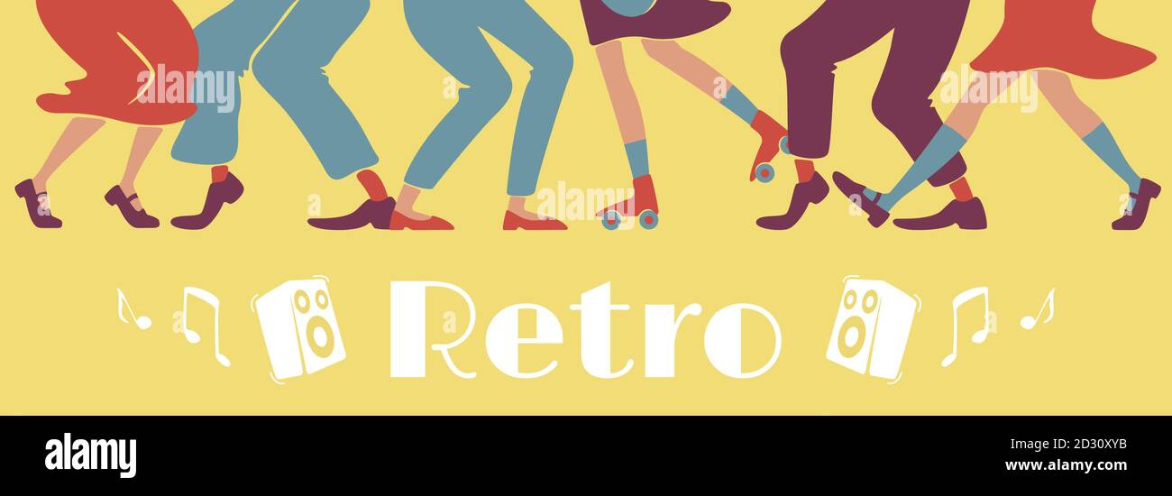 Retro Style Party Banner Flat Vector Template 1950s Disco Horizontal Poster Word Concepts Design Cartoon Illustrations With Typography And Rock N Stock Vector Image Art Alamy