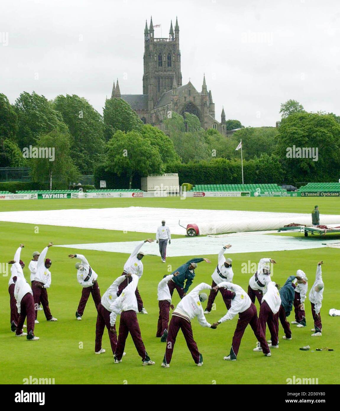 The West Indies cricket team warming up at Worcestershire County Cricket  Club, Worcester. The weather delayed the start of a practice session for  the side ahead of a test series against England