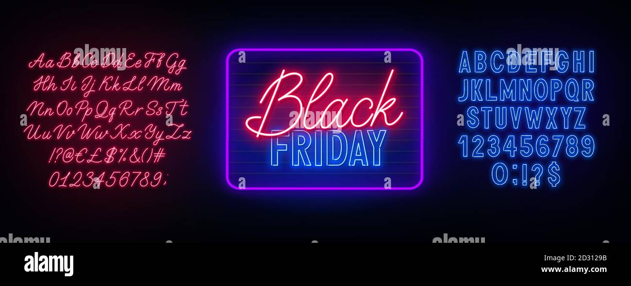 Black Friday neon sign on dark background. Neon duo red and blue font ...