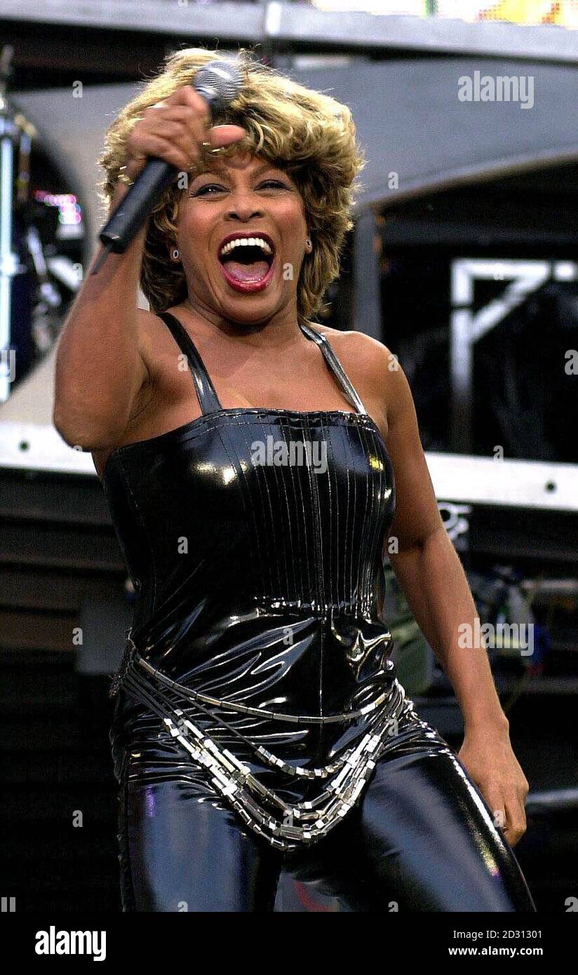 American singer Tina Turner on stage at London's Wembley Stadium in her