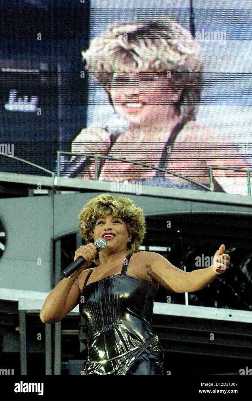 American singer Tina Turner on stage at London's Wembley Stadium in her