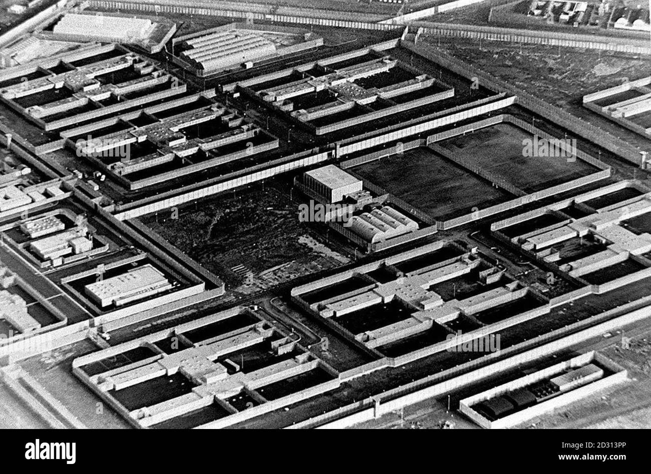 Aerial view of the Maze Prison, where 38 IRA prisoners escaped. 14/3/95: Riot. 25/8/95. 24/3/97: Breakout Bid. 27/12/97: Man shot dead. 15/03/98: David Keys found hanged in cell. 11/11/98: Will shut at end of year 2000. 28/7/00: Prisoners released.  * The London Docklands bomber and the border sniper who picked off police and troops on duty were among more than 80 terrorist prisoners set to stream out of the Maze prison. The final wave of early releases under the Good Friday Agreement was set to all but empty the infamous jail. Stock Photo