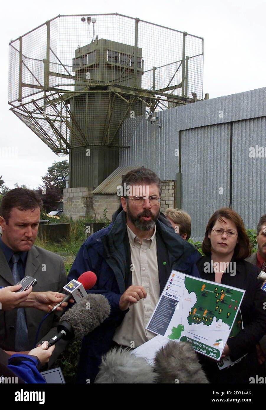 Sinn Fein President Gerry Adams outside the Crossmaglen Barracks in South Armagh, where the West Belfast MP highlighted concerns about the pace of the Government's demilitarisation plans. *... and said that the scaling down of military bases in Northern Ireland was central in persuading people that the peace process was delivering change. Stock Photo