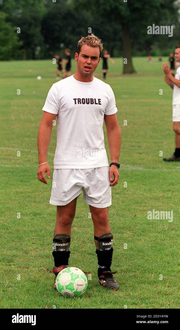 Andy Love from the boy band Northern Line at the Ball Stars' Charity football Challenge in London's Regents Park following a celebrity screening of the film 'There's Only One Jimmy Grimble'. Stock Photo