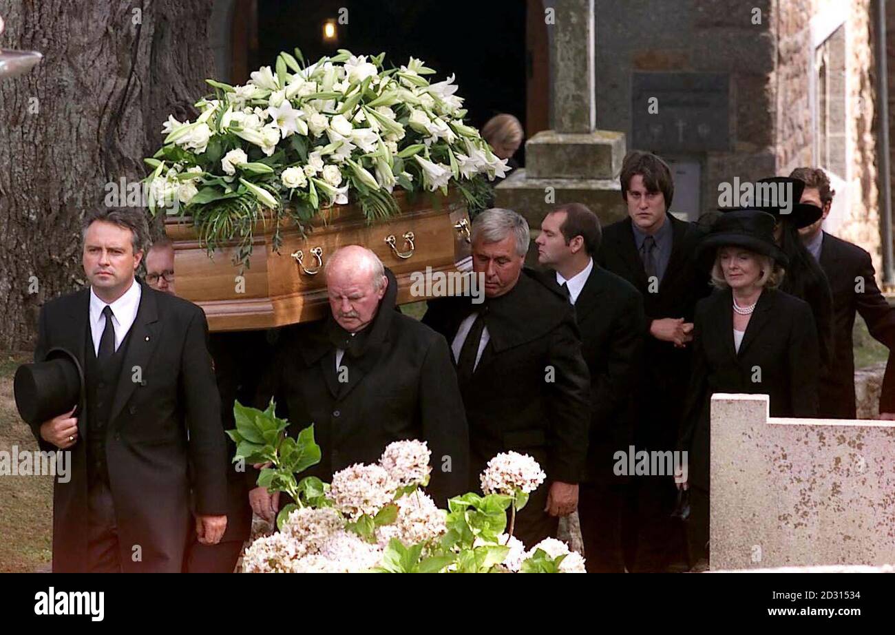 The coffin of Blackburn Rovers FC Chairman Jack Walker is taken from the St  Brelades Parish Church in St Brelades Bay, Jersey, at the end of his funeral.  Mr Walker died from