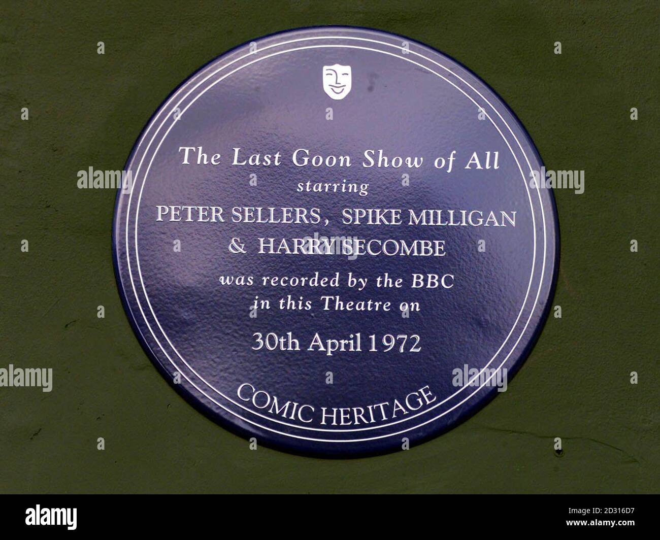 The plaque outside the Camden Palace in north London where Comic Heritage unveiled a blue plaque in honour of the 1950's anarchical Goons, Secombe, Peter Sellers and Spike Milligan.  *   Many of the Goon shows was recorded at the venue including The Last Goon Show Of All on APril 30 1972.  Stock Photo