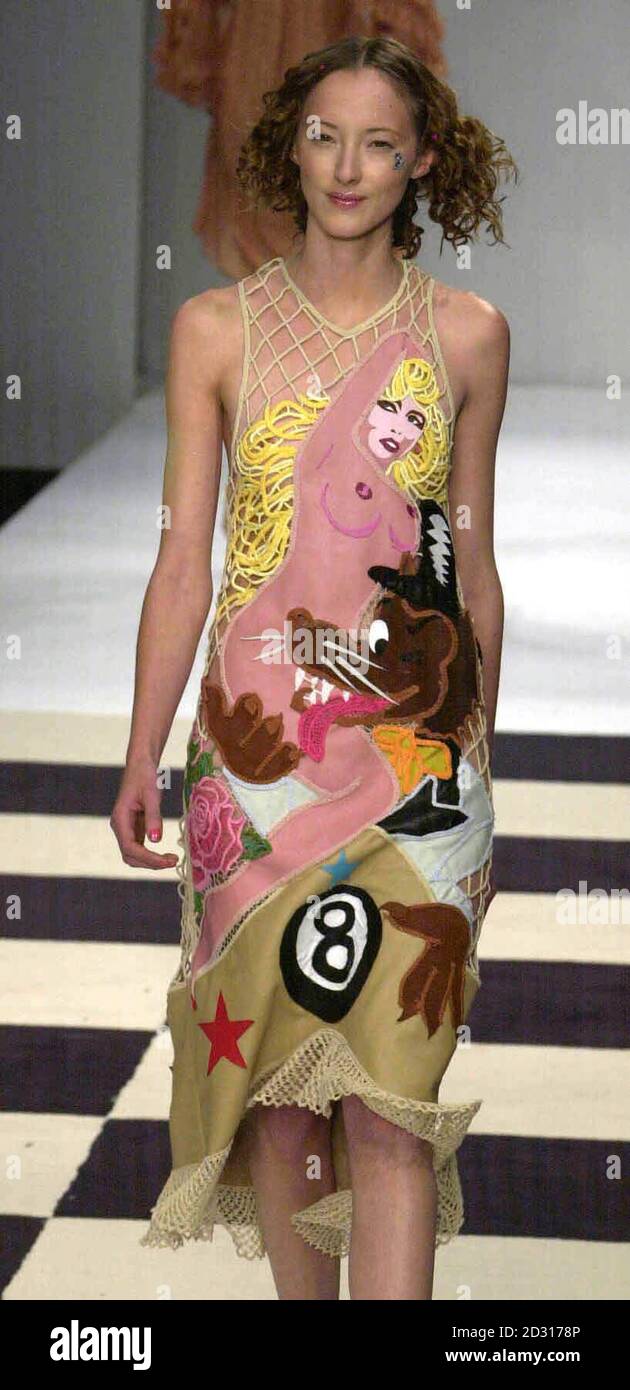 Crochet dress with woman and fox applique from Macedonian designer Marjan Djodjov Pejoski at London Fashion Week Spring Summer 2001 Stock Photo Alamy