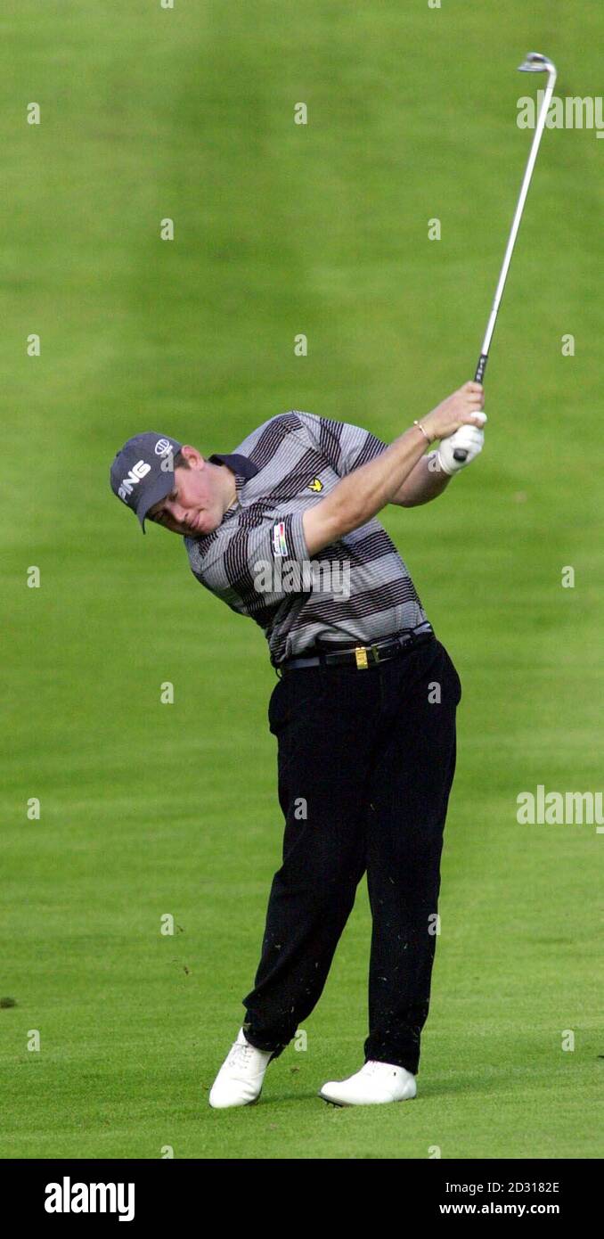 Lee Westwood on the 4th fairway during the final of the Cisco World Match Play Championship at Wentworth. Stock Photo