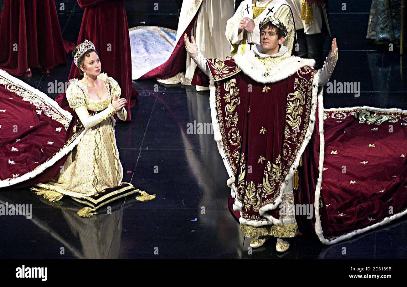 Actor Paul Baker as Napoleon with Anastasia Barzee as Josephine, during rehearsals for the new musical Napoleon at London's Shaftesbury Theatre. The musical opens on October 17. Stock Photo