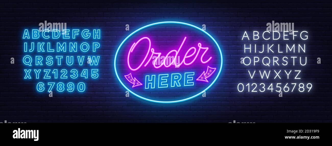 Order here neon sign on brick wall background. Stock Vector