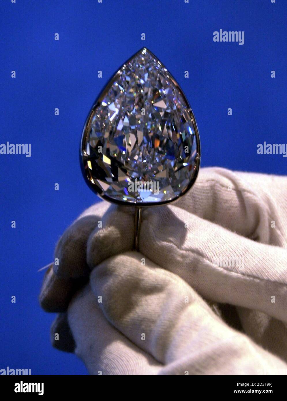 The 203 carat Millennium Star, the largest flawless pear-shaped diamond in the world, which formed part of a display worth  350 million that a 12 strong gang of robbers attempted to steal on 07/11/00 from the Millennium Dome.  * ....in the Money Zone, using an earth digger, smoke bombs and a powerboat.  * 08/11/2001: Police foiled the 'robbery' of the jewels when they caught raiders red handed as they smashed their way in using a mechanical digger, an Old Bailey court heard, at the opening of the trial of six men accused of plotting to rob the De Beers Millennium Diamond Exhibition with others Stock Photo