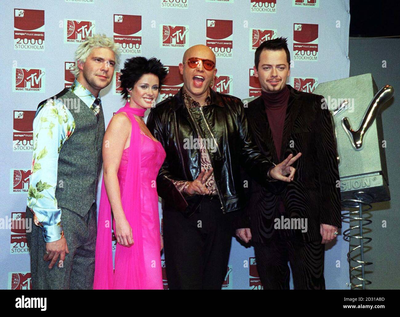 Danish pop group Aqua, fronted by Norwegian singer Lene (2nd left),  arriving at the MTV Europe Music Awards, held at the Globe Arena in  Stockholm, Sweden Stock Photo - Alamy