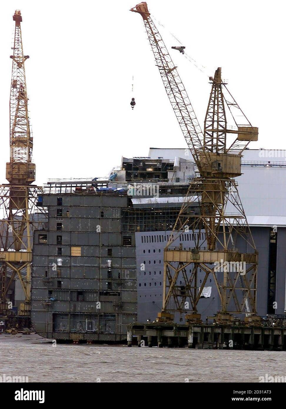 The completed new section for the Italian cruise liner, the Costa Classica, on the slipway at Cammell Laird Ship Builders in Liverpool, after the liner, which was due to arrive for the multi million pound upgrade, was dramatically ordered to turn back due to bad weather. * Cammell Laird said it intended to launch the new mid-body section as planned, but bad weather on the river forced it to be postponed. Stock Photo