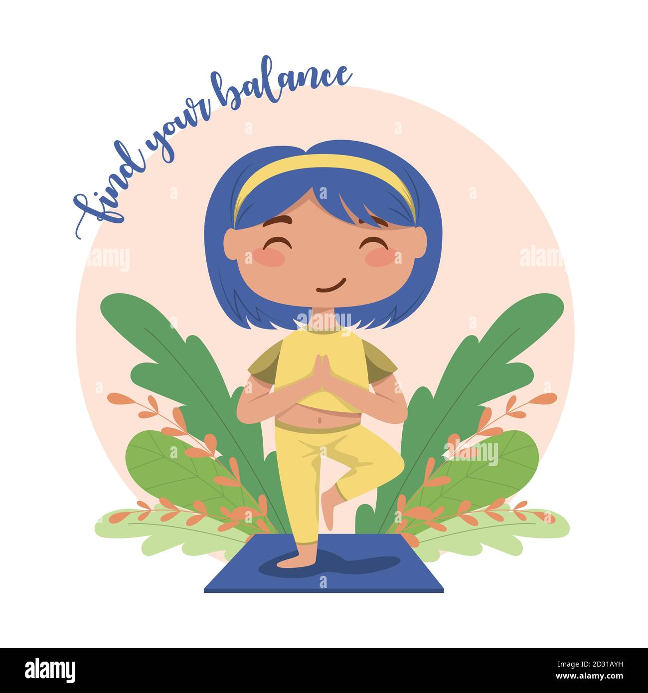 Cute cartoon girl doing yoga exercises. Inspiration lettering - Find your  balance. Vector illustration Stock Vector Image & Art - Alamy