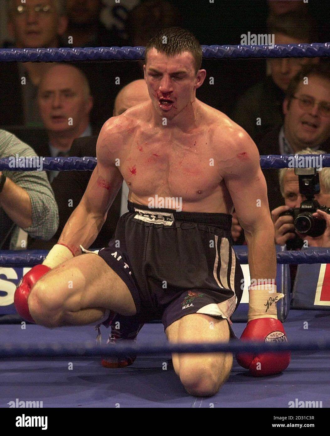 WBO World Super-Middleweight challenger Woodhall, from Telford, hits the  canvas in the 9th round against WBO World Super-Middleweight champion Joe  Calzaghe, of Wales, during the WBO Super-Middleweight title boxing fight at  the