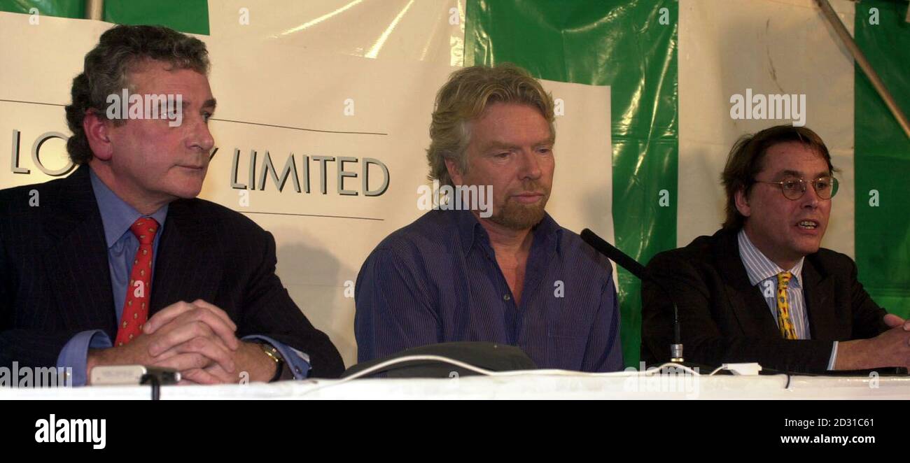 Sir Richard Branson (C), John Jackson, Deputy Chairman of the Poeple's Lottery (L) and Simon Burridge, Chief Executive of the People's Lottery at a press conference, in London, following the announcement that Camelot won the franchise to run the National Lottery.  * for the next seven years. Sir Richard said he was 'disappointed, sad and baffled'. Stock Photo