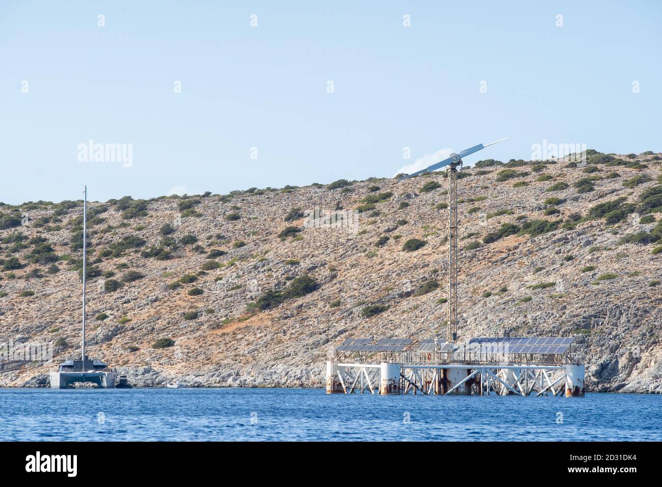 Solarwind power production on a floatable construction at Iraklia,Cyclades,Greece Stock Photo