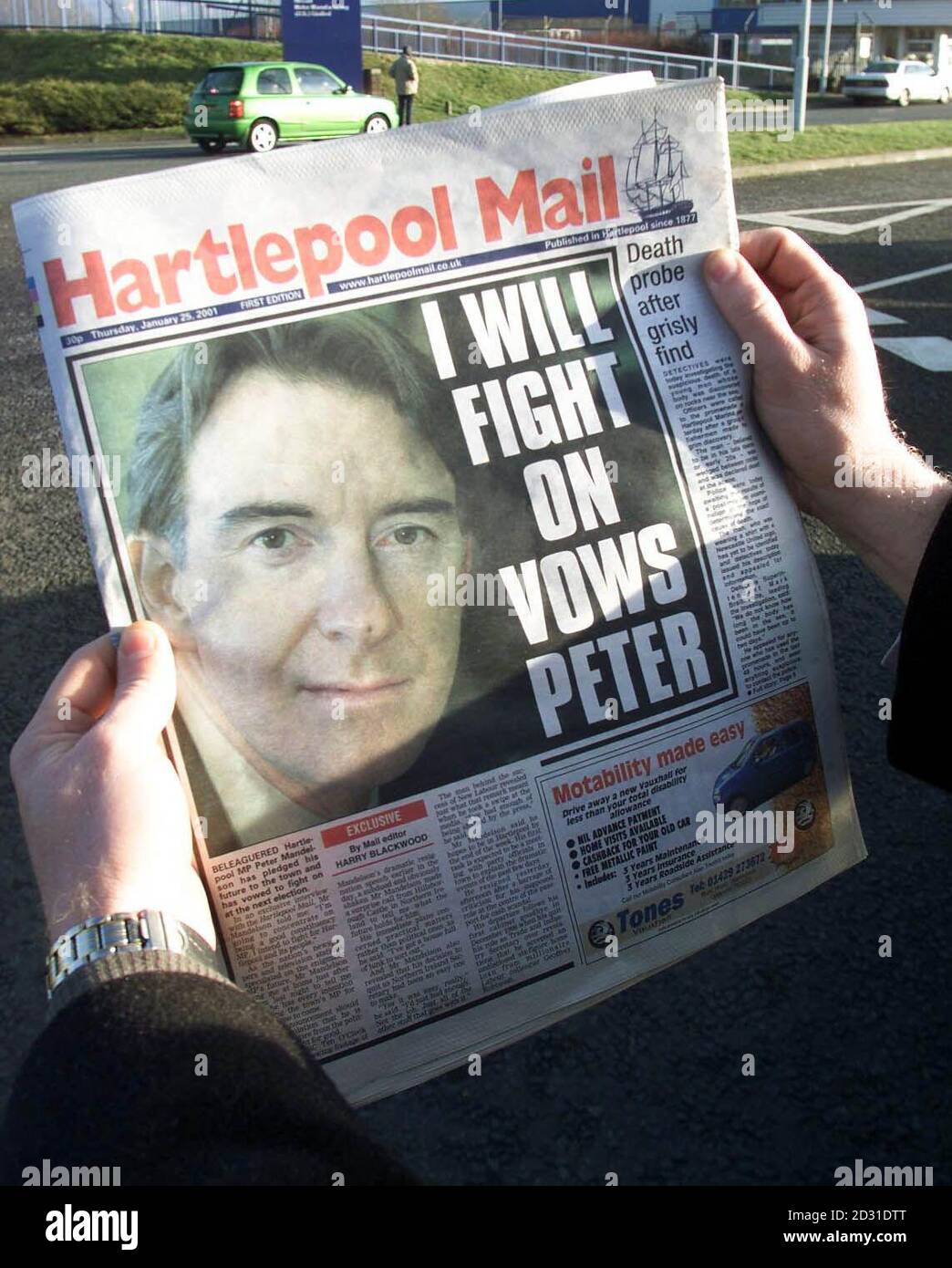 The front page of the Hartlepool Mail announcing Peter Mandelson's