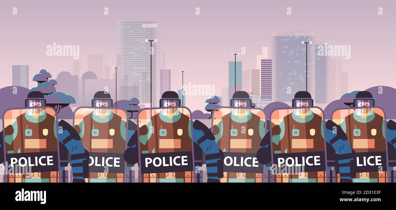 policemen with shields and batons riot police officers standing together protesters demonstrations control concept cityscape portrait horizontal vector illustration Stock Vector