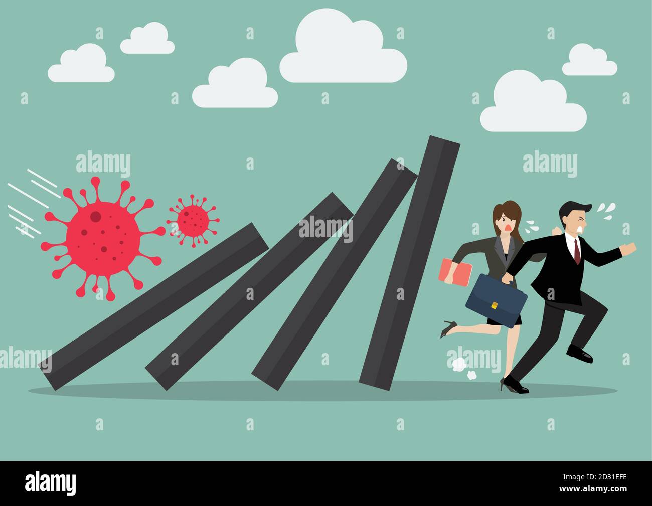 Businessman and woman running away from domino tiles falling in economic collapse from COVID-19 virus. Business Concept Vector illustration Stock Vector
