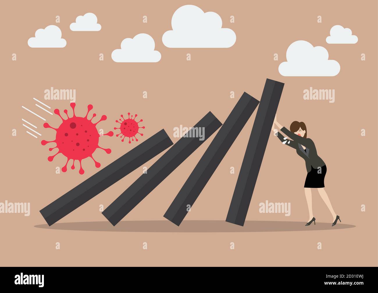 Business woman leader help pushing domino tiles falling in economic collapse from COVID-19 virus. Business Concept Vector illustration Stock Vector