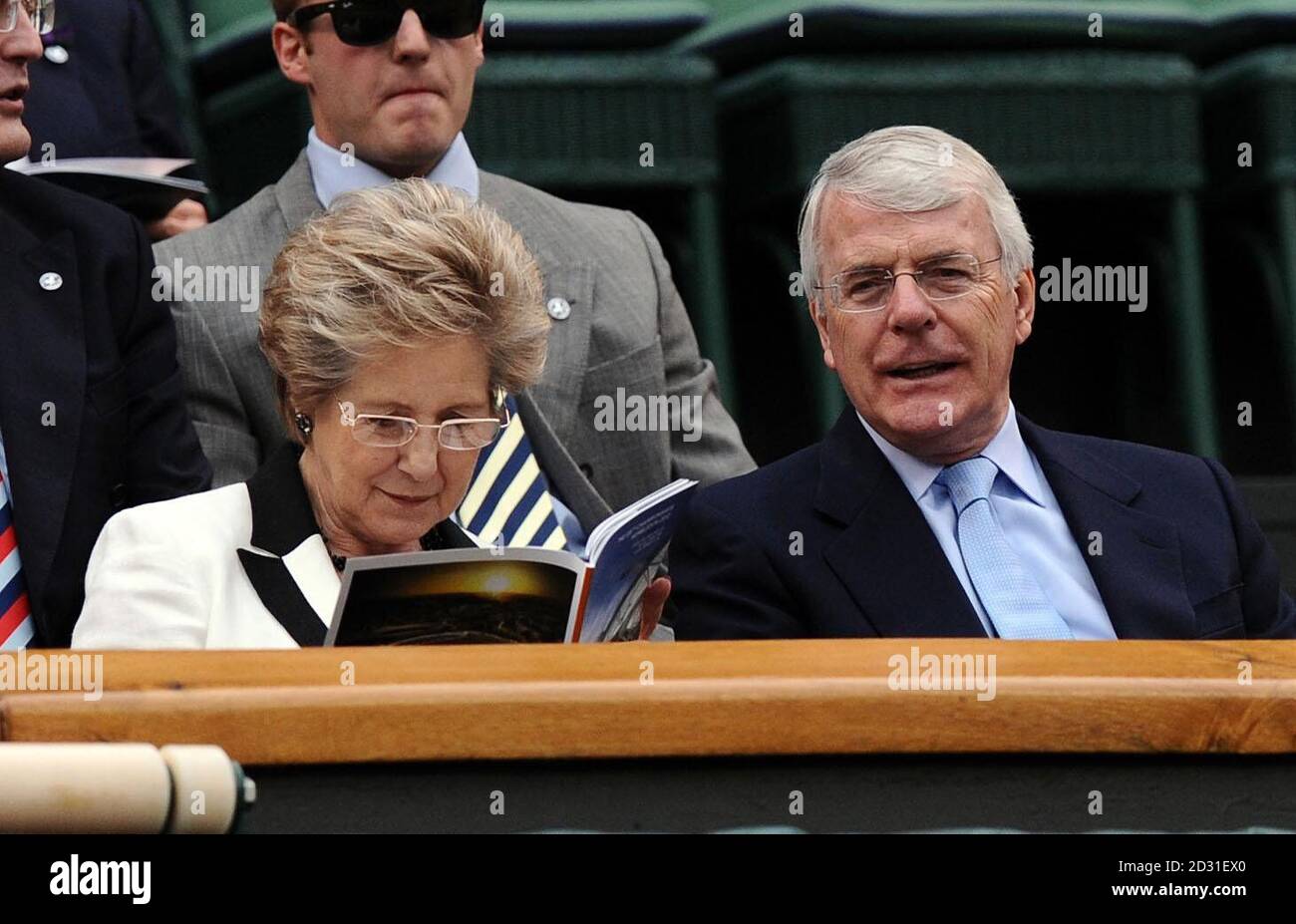 Sir John Major with his wife Nora in the Royal Box on Centre Court during day five of the 2012 Wimbledon Championships at the All England Lawn Tennis Club, Wimbledon. Stock Photo