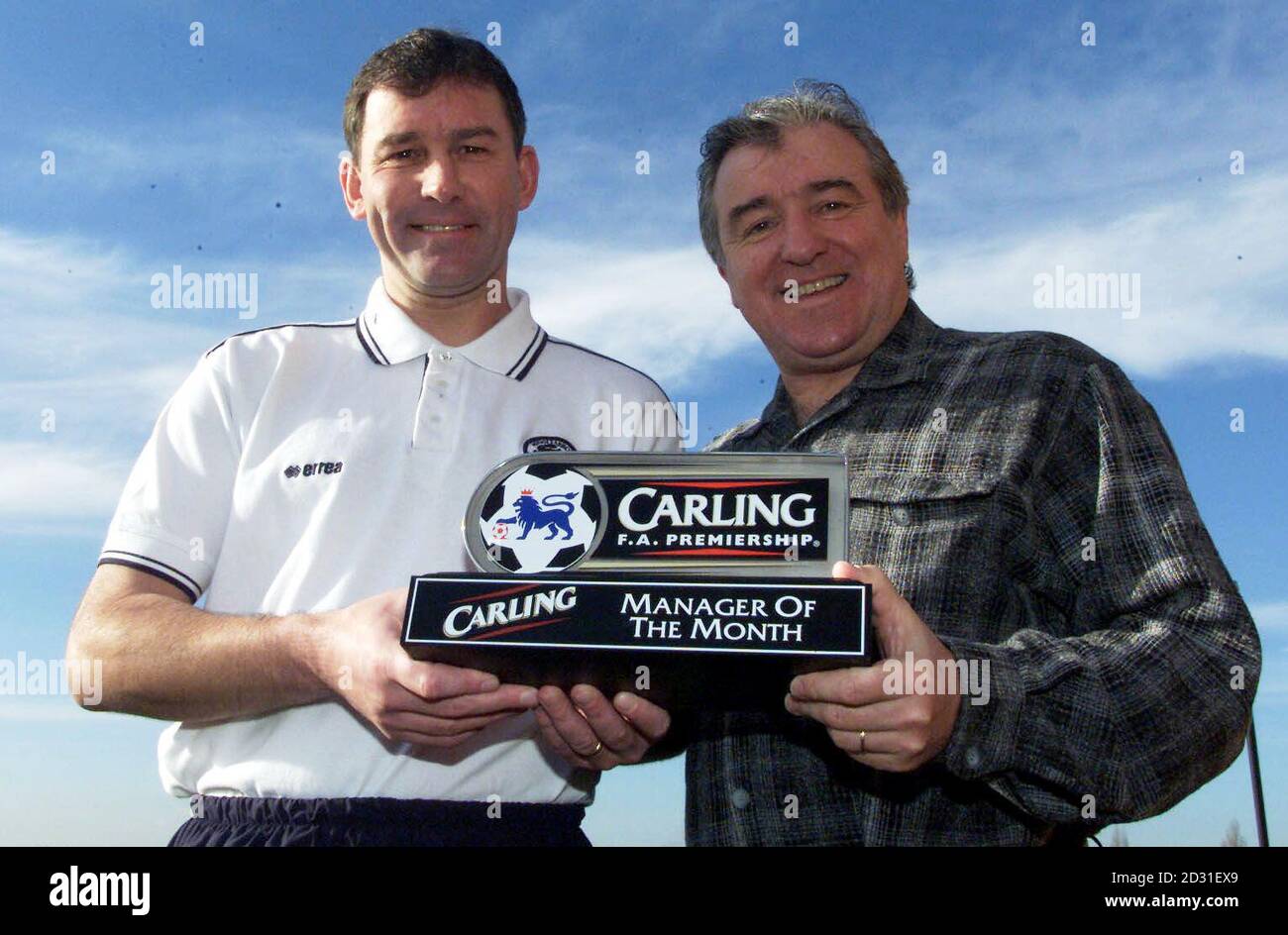 Middlesbrough head coach Terry Venables (right) and club manager Bryan Robson receive the Carling Manager of the Month award for January after sparking a major revival at Middlesbrough.  * The 57-year-old, officially head coach to Riverside boss Bryan Robson, has put together an 11-game unbeaten run to drag the Teessiders out of the Premiership relegation zone. Stock Photo