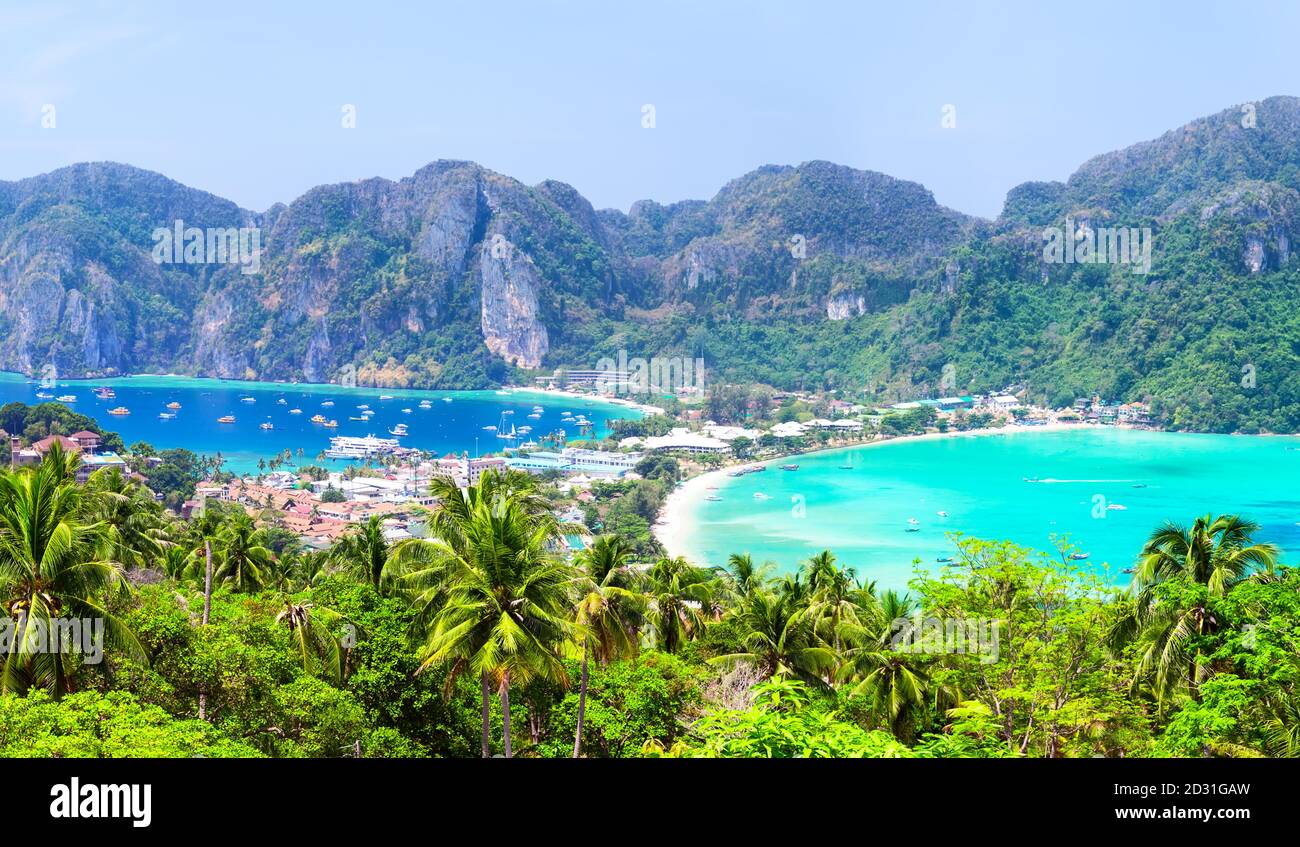 View of beautiful tropical Phi Phi island in Krabi province, Thailand. Famous Koh Phi Phi Don island with white sand beach and turquoise water under b Stock Photo