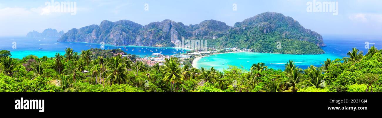Panoramic view at viewpoint of beautiful tropical Phi Phi island in Krabi province, Thailand. Famous Koh Phi Phi Don island with white sand beach and Stock Photo