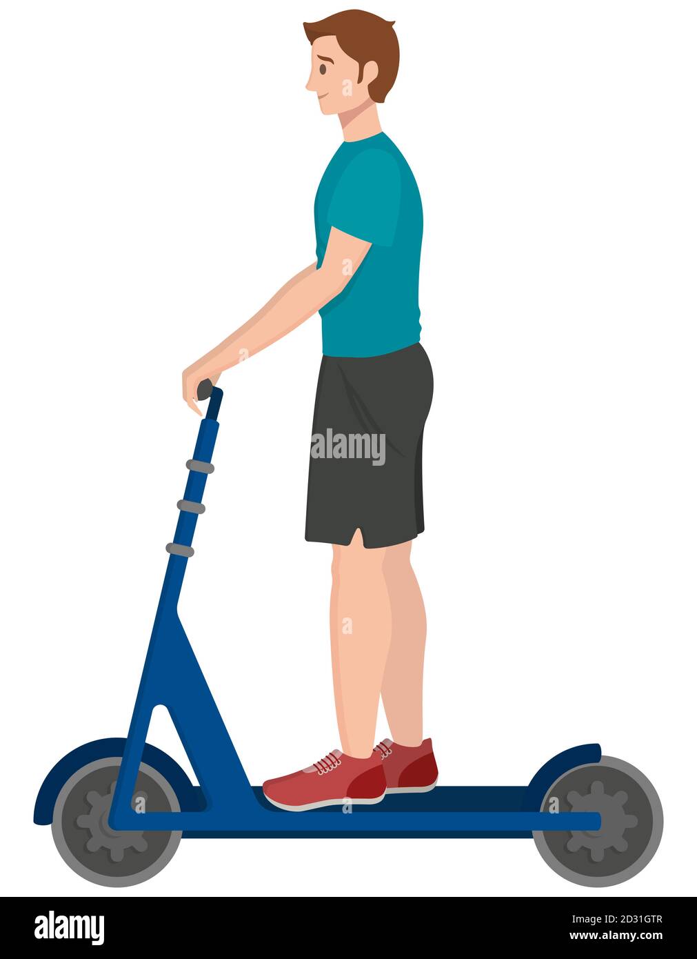 Man riding electric scooter. Male character in cartoon style. Stock Vector