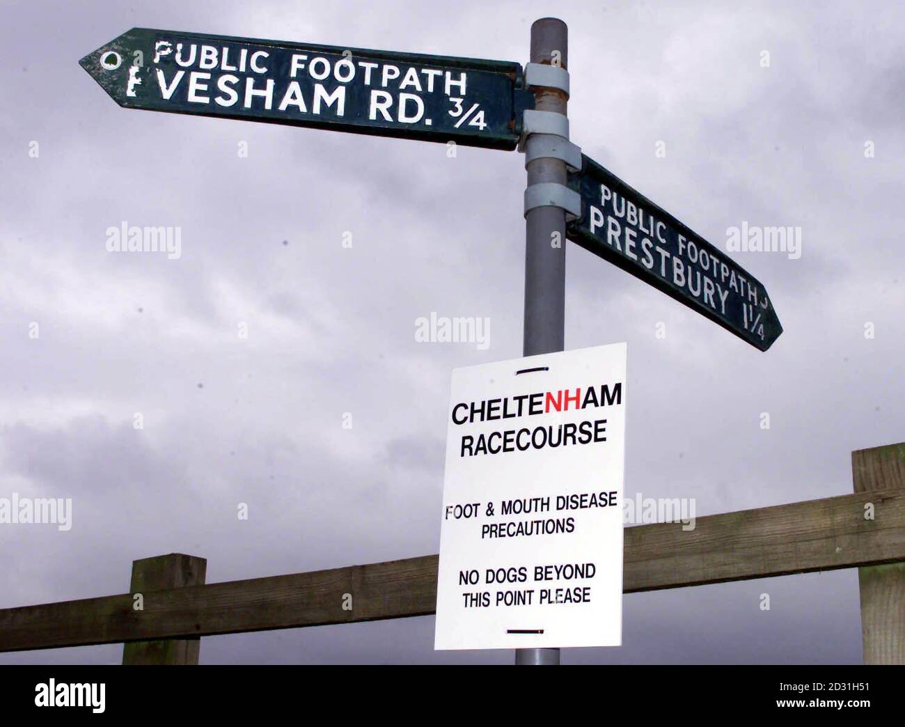 A sign warning about foot and mouth disease precautions at Cheltenham Racecourse. Officials at Cheltenham racecourse revealed their disappointment at the abandonment of next weeks Festival meeting. Stock Photo