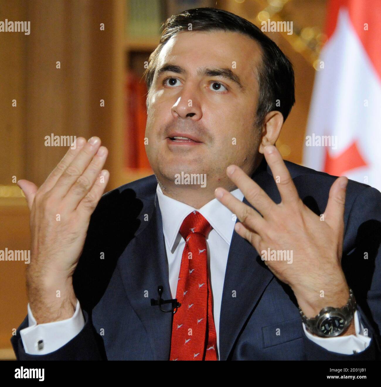 President Mikheil Saakashvili speaks during an interview with Reuters in Tbilisi, July 31, 2009. Saakashvili said Georgia knows it cannot take back its Russian-backed rebel regions militarily but fears Moscow has designs on Tbilisi. Picture taken July 31, 2009.  REUTERS/Irakli Gedenidze  (GEORGIA POLITICS HEADSHOT IMAGES OF THE DAY CONFLICT) Stock Photo