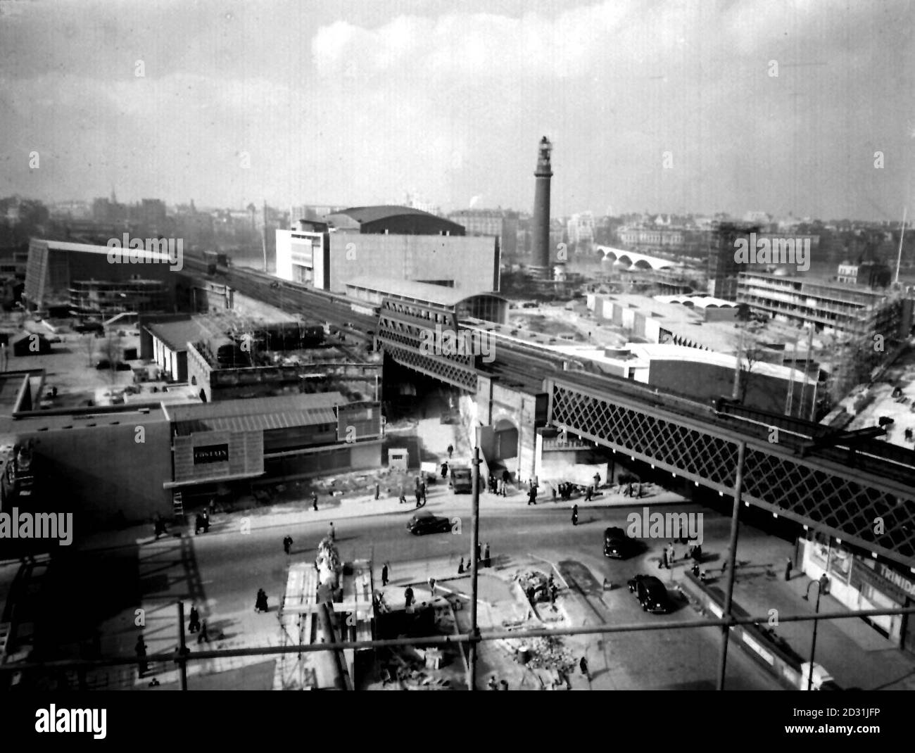 FESTIVAL OF BRITAIN 1951: A general view of the site of the exhibition from the roof of Waterloo Station, London. (l-r) Aeronautical Hall, the Royal Festival Hall, the Shot Tower, Waterloo Bridge. Stock Photo