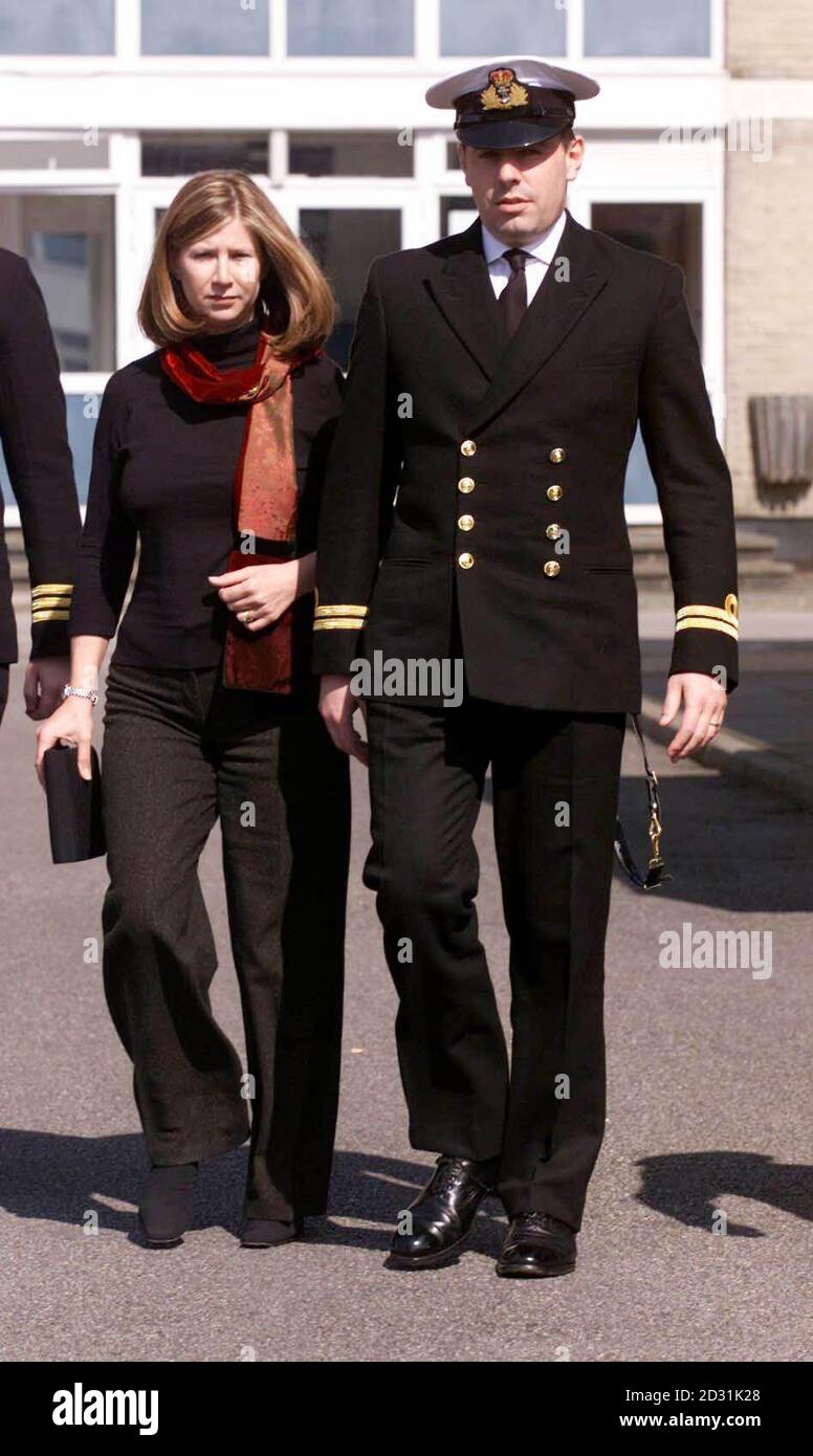 Commander Robert Sanguinetti of HMS Grafton at a court martial in Portsmouth, with his wife Stephanie, where he is appearing on charges with his navigator Lieutenant Desmond Donworth relating to the grounding of HMS Grafton near Oslo.  * while taking part in a Nato operation against Serbia. Stock Photo