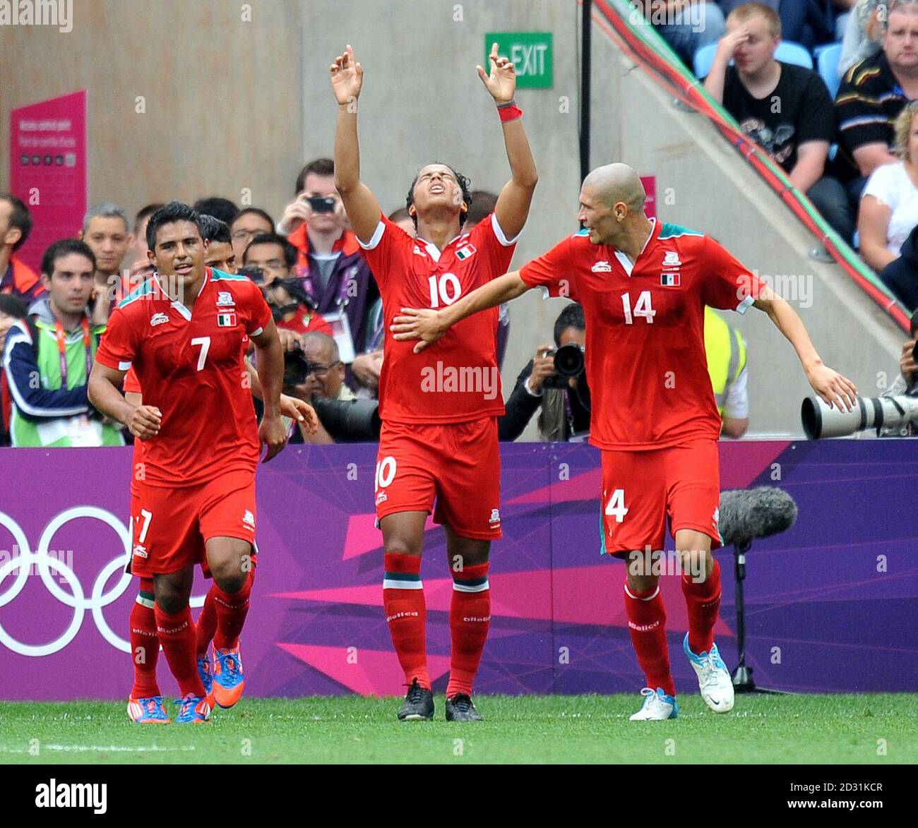 Mexico's Giovani dos Santos celebrates scoring their second goal during the Olympic Soccer match at the City of Coventry Stadium. Coventry. Stock Photo