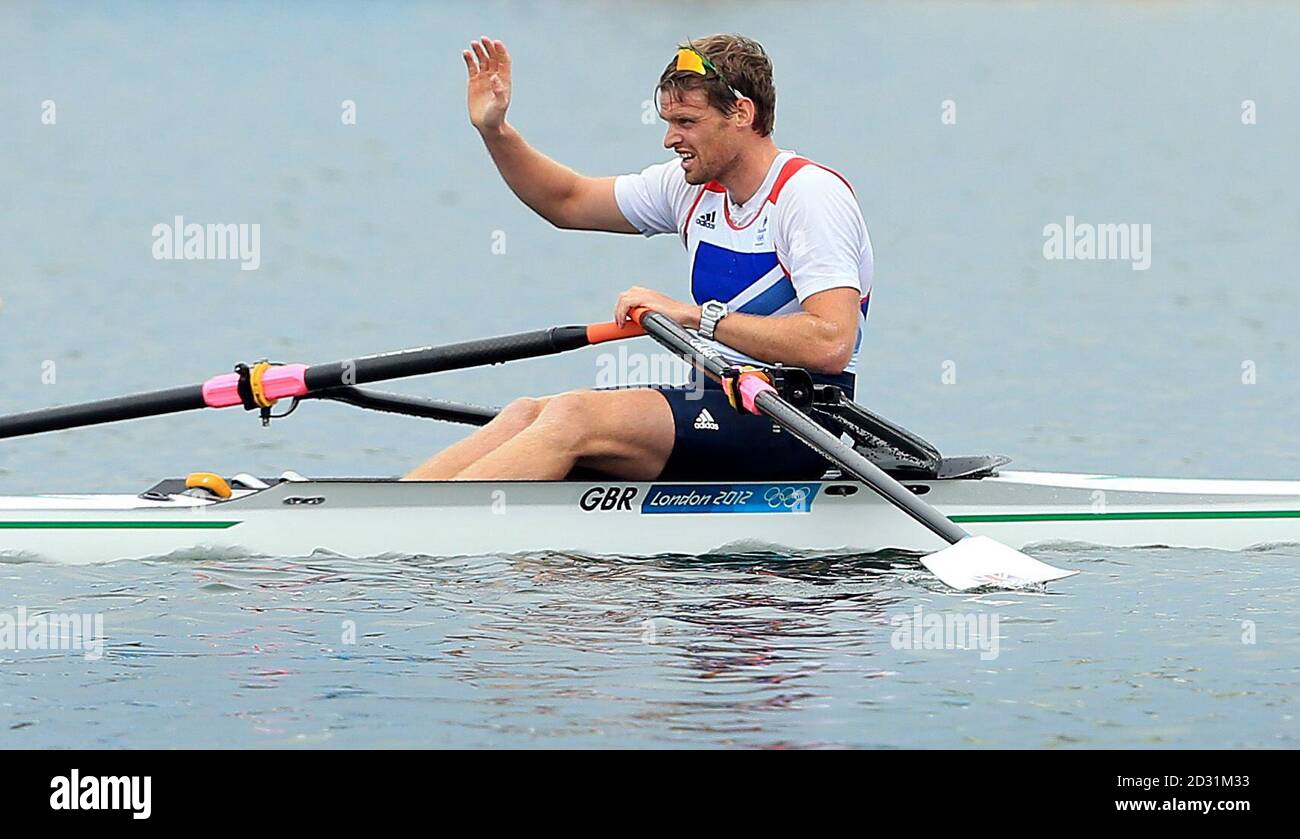 Great Britain's Alan Campbell in action in his men's single sculls semi final at Eton Dorney Lake, London. Stock Photo