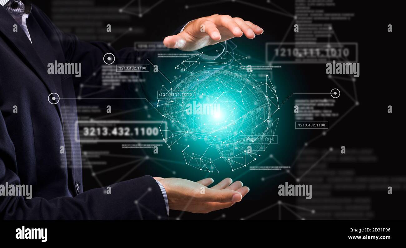 Modern technologies in business. Collage of entrepreneur holding virtual hologram and digital interface with information Stock Photo