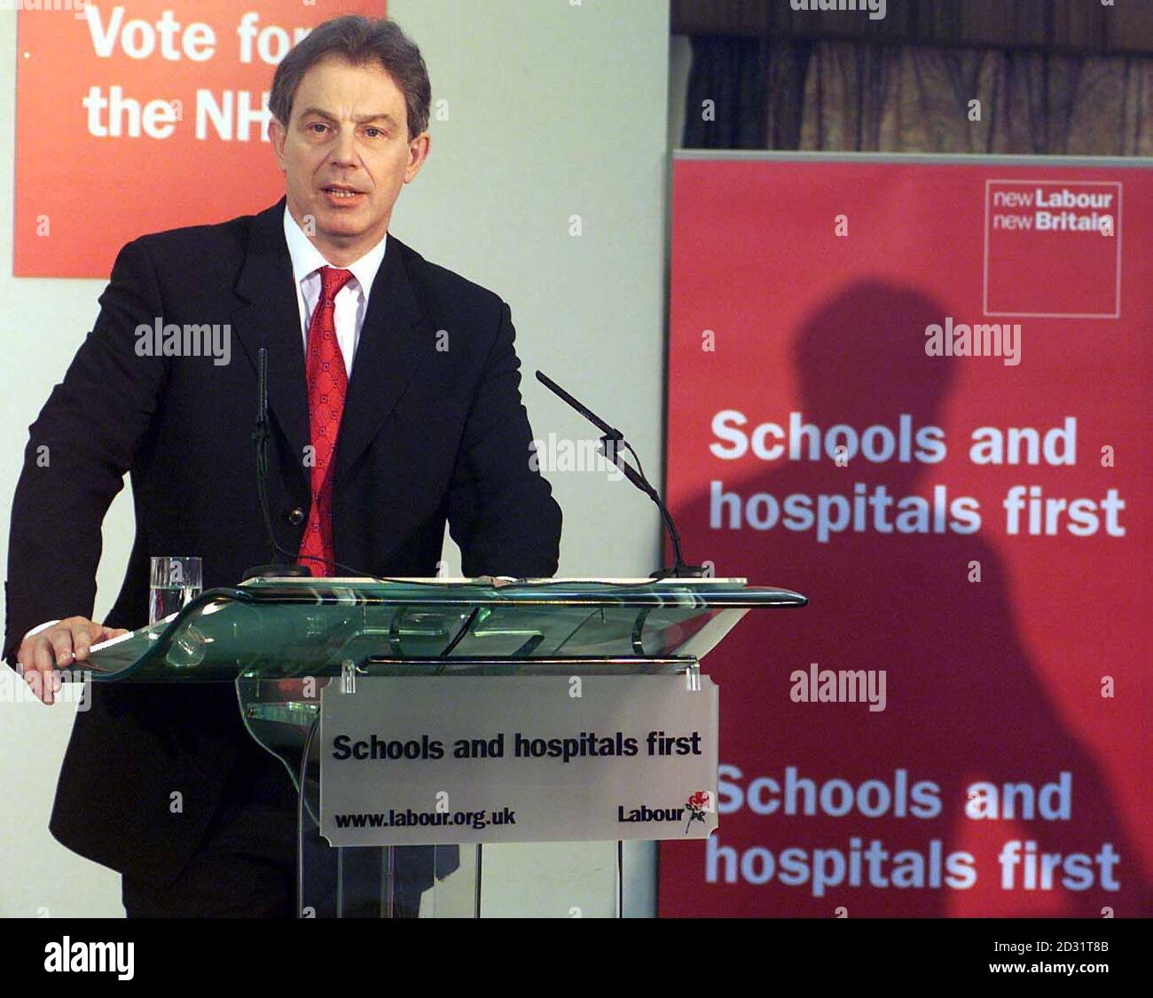Prime Minister Tony Blair at his party's election news conference in the St Georges Community Centre in Salford, Manchester. *...Mr Blair promised to 'stand and fight' for the hard-working families of Britain, and said, 'Today is pledge day. A day when every Labour candidate takes our crusade for schools and hospitals to every part of the country.' Stock Photo