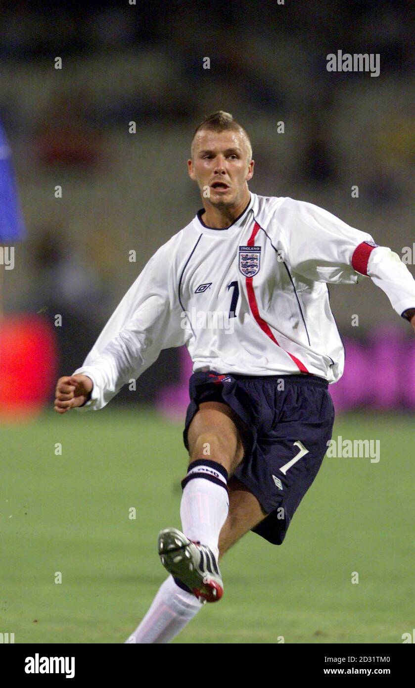 England S Captain David Beckham Scores The Second Goal With A Free Kick During The World Cup European Qualifying Group Nine Game At The Olympic Stadium Athens Stock Photo Alamy