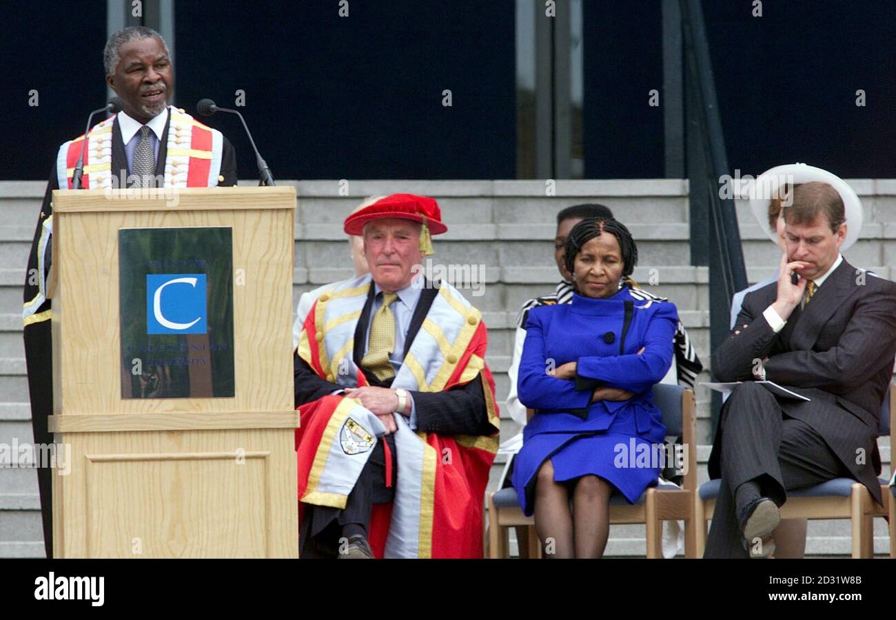 South African president Thabo Mbeki, speaking on the steps leading to the new health building at Glasgow Caledonian University, which is being named in honour of his father, Govan.  With Mbeki are (l-r) Lord Nickson, his wife Zanele Mbeki and the Duke of York.   *The president addressed nursing students, school pupils and dignitaries. Stock Photo