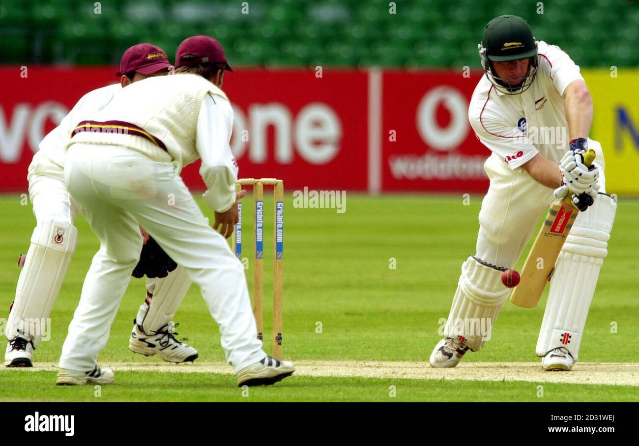 Leicestershire's Trevor Ward adds another boundary to his score of 94 not out at the end of the first session from Northamptonshire's Jason Brown's bowling during the County Championship match at Grace Road, Leicester, 2001.  Stock Photo